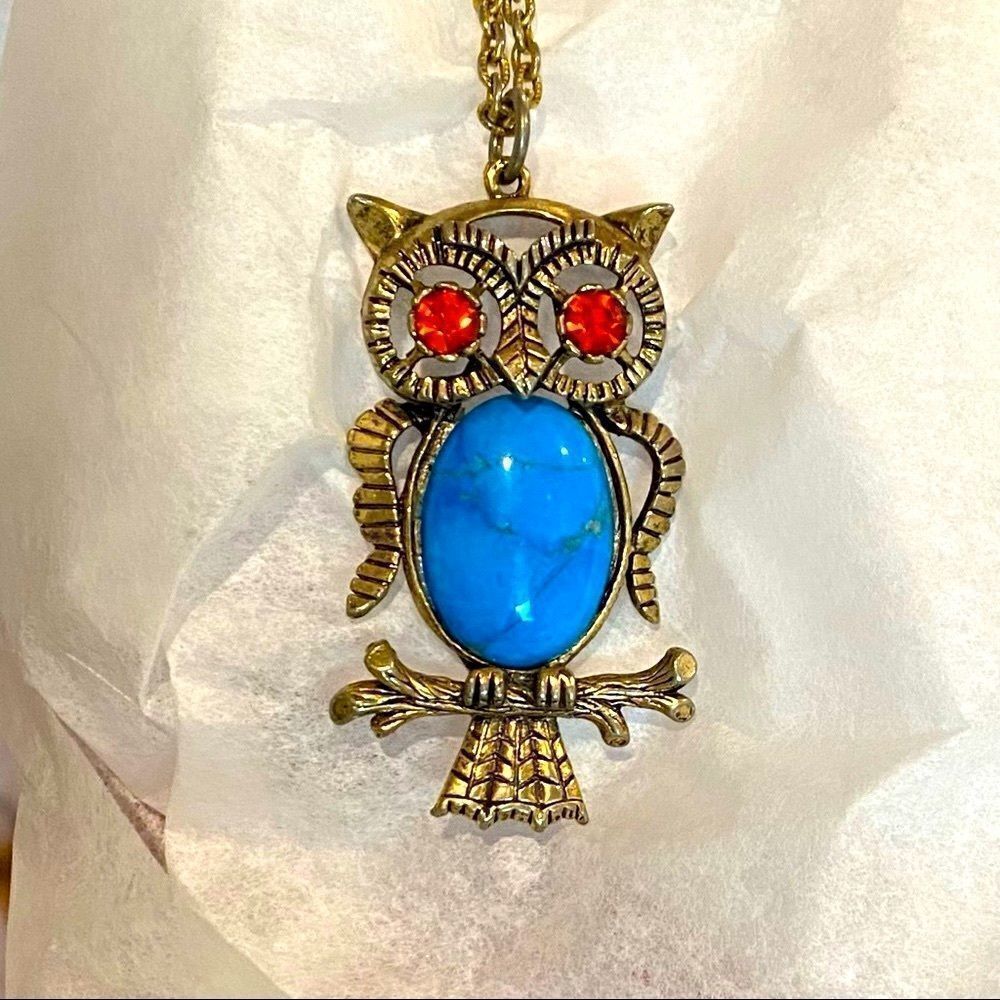 Vintage Turquoise Rhinestone Owl Necklace